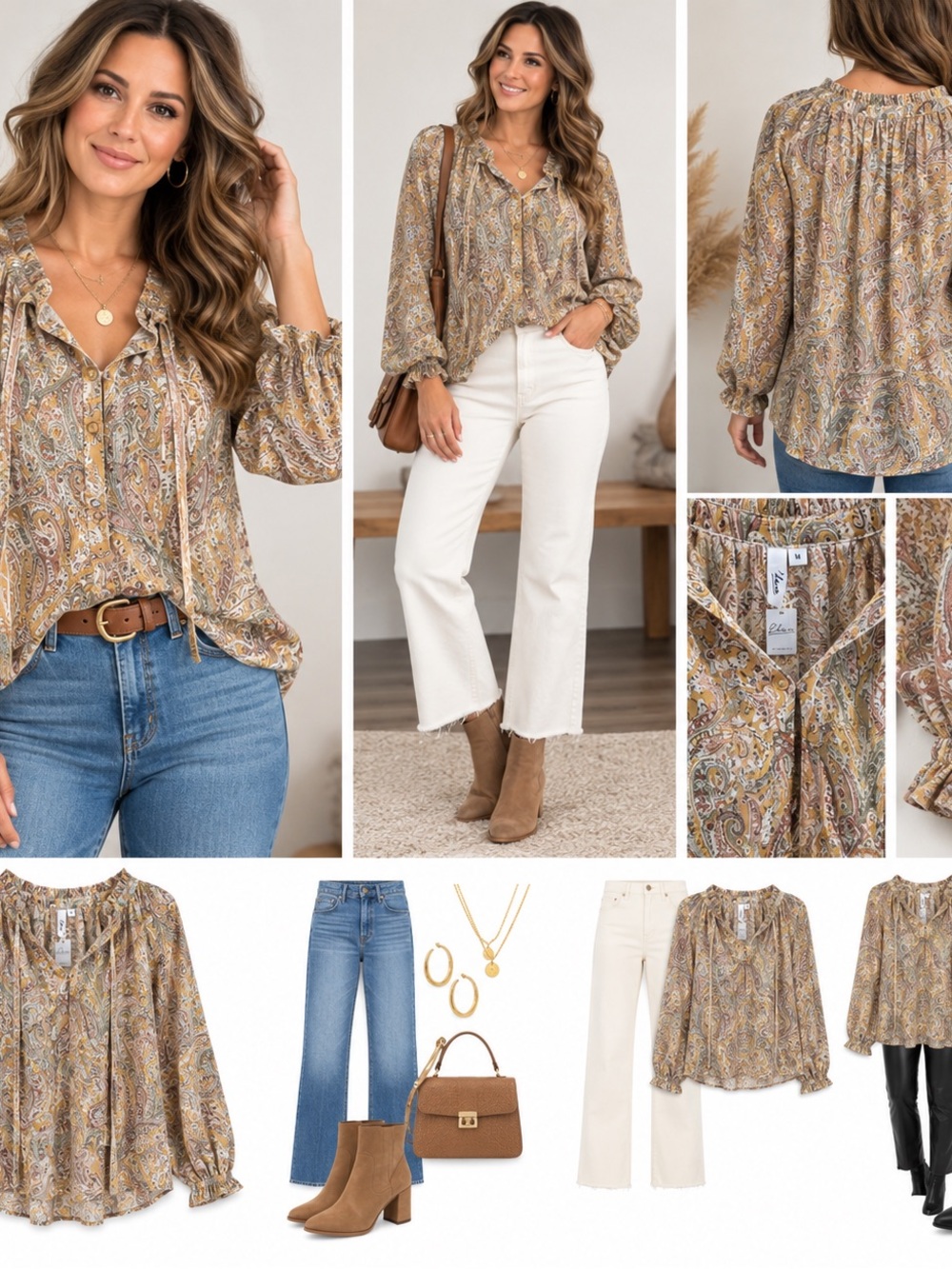 NWT Elan Paisley Peasant Blouse in Tan and Mustard